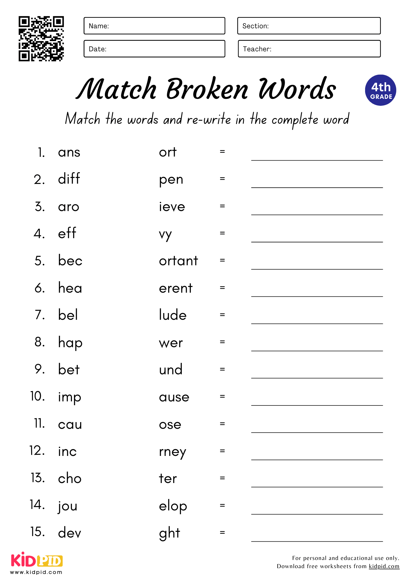 Match amp Complete The Words Worksheet For Grade 4 Kidpid Match amp Complete The Words Worksheet For Grade 4 Kidpid