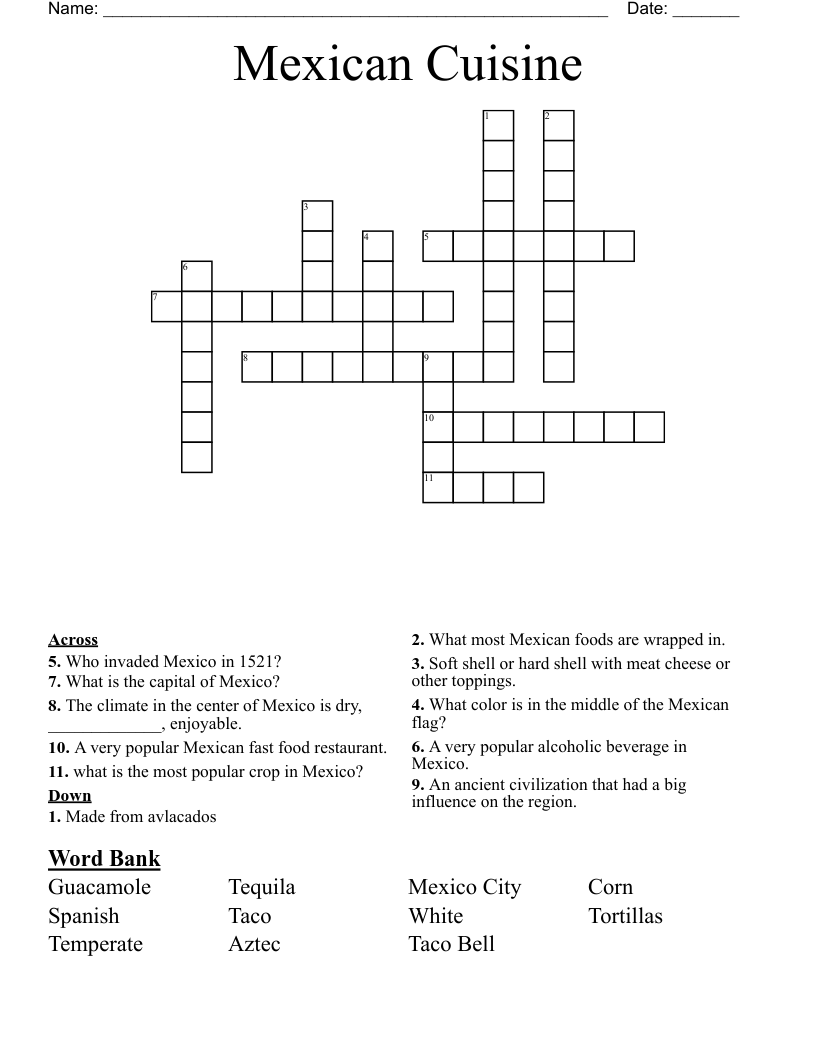 Mexican Cuisine Crossword WordMint