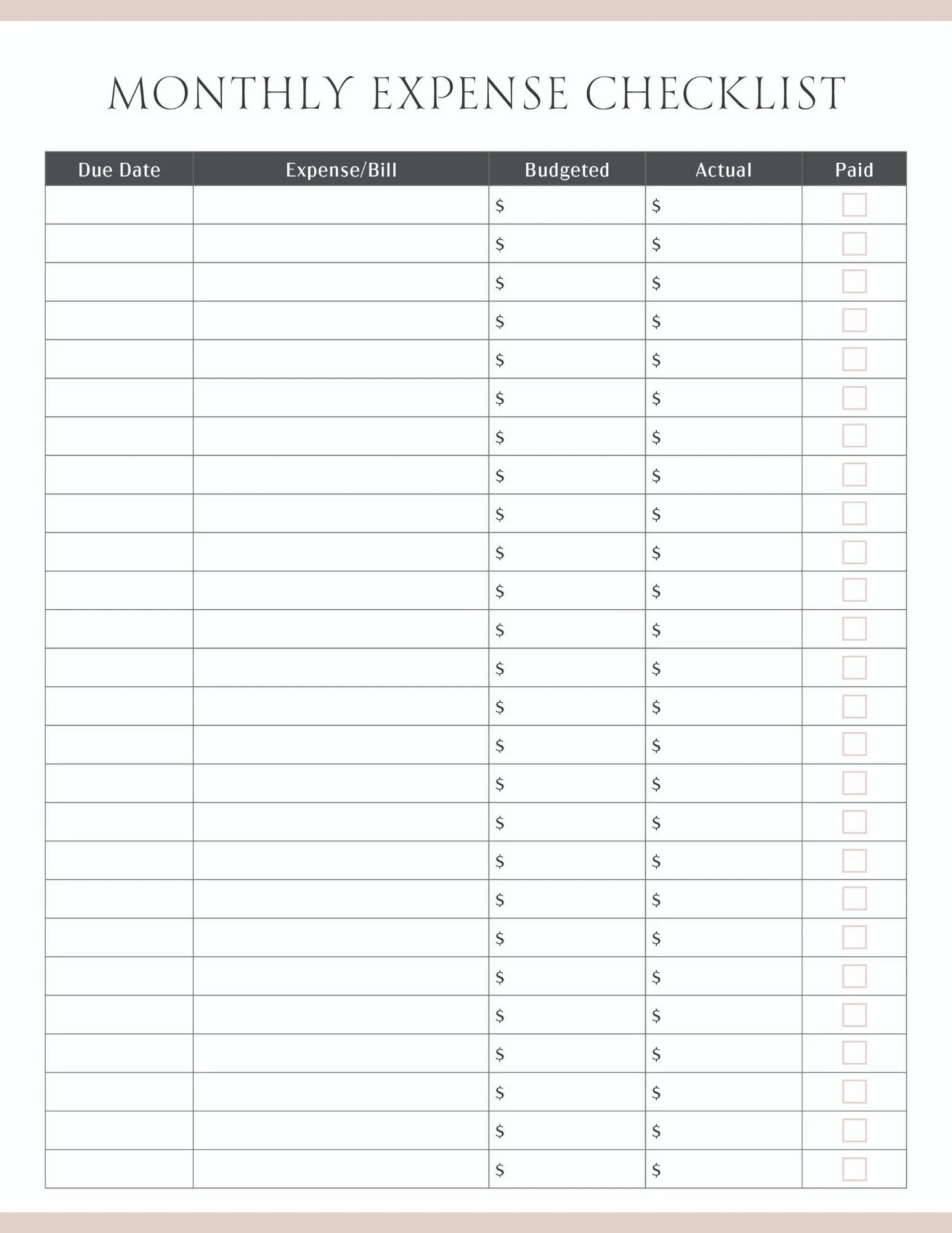Monthly Expenses List Printable