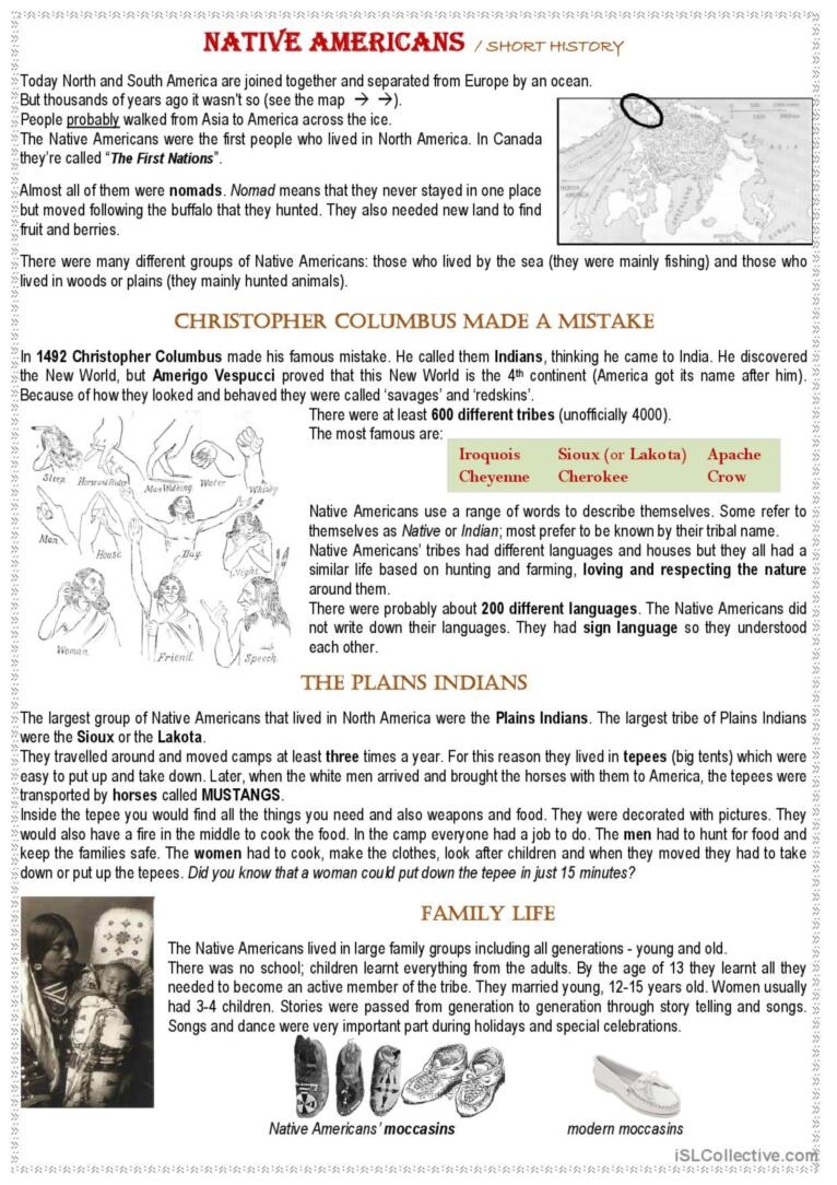 Native Americans Indians First Natio English ESL Worksheets Pdf 