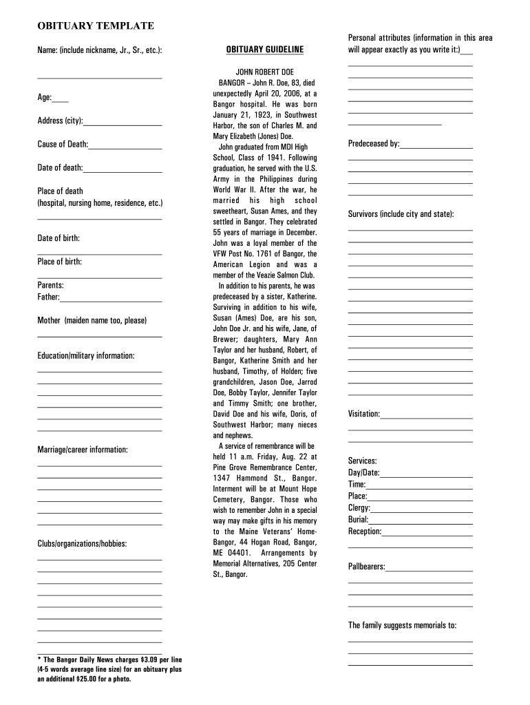 Obituary Template Form Fill Online Printable Fillable Blank 