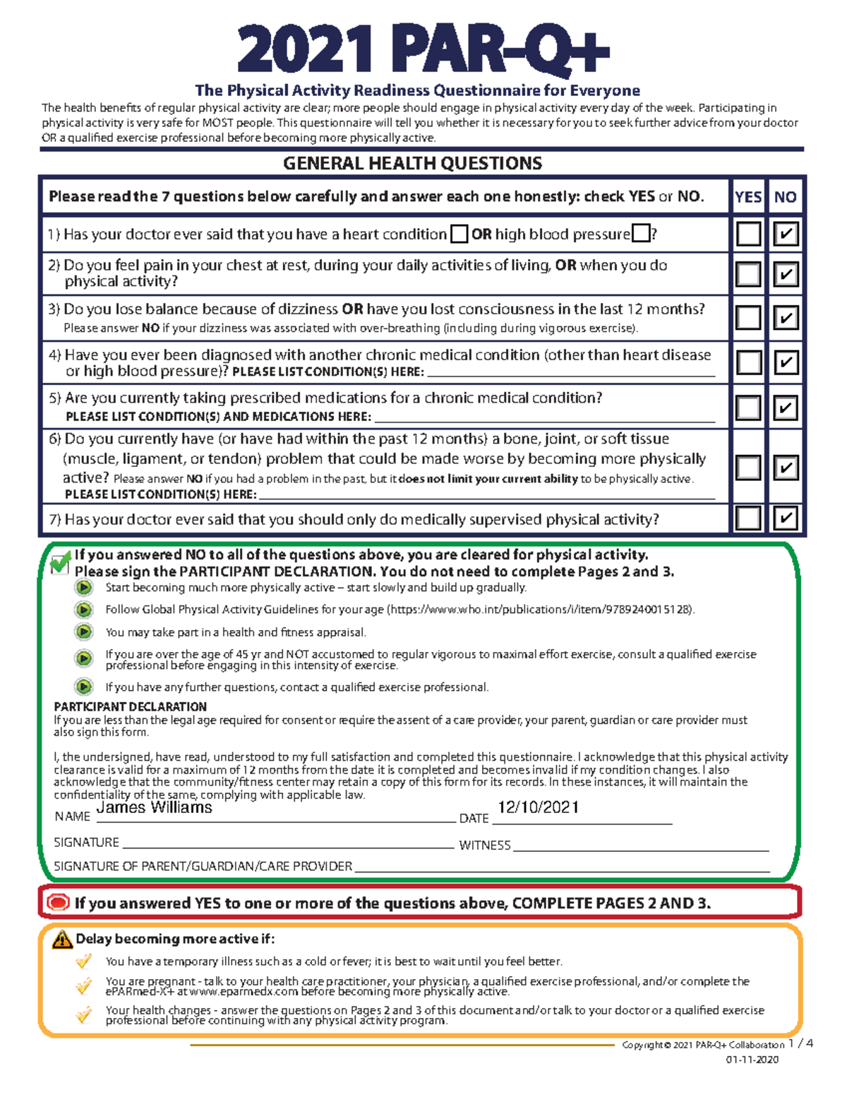 PARQ 21 Physical Activity Readiness Questionnaire For Everyone 
