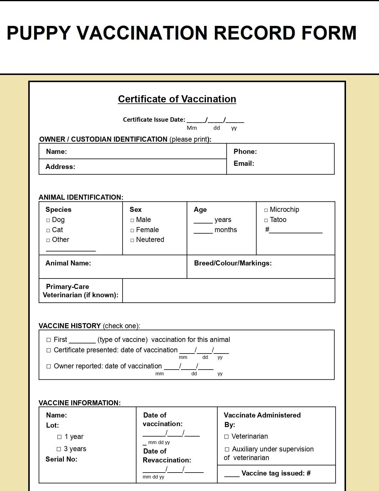 Pet Vaccination Record Template Puppy Vaccination Record Form 