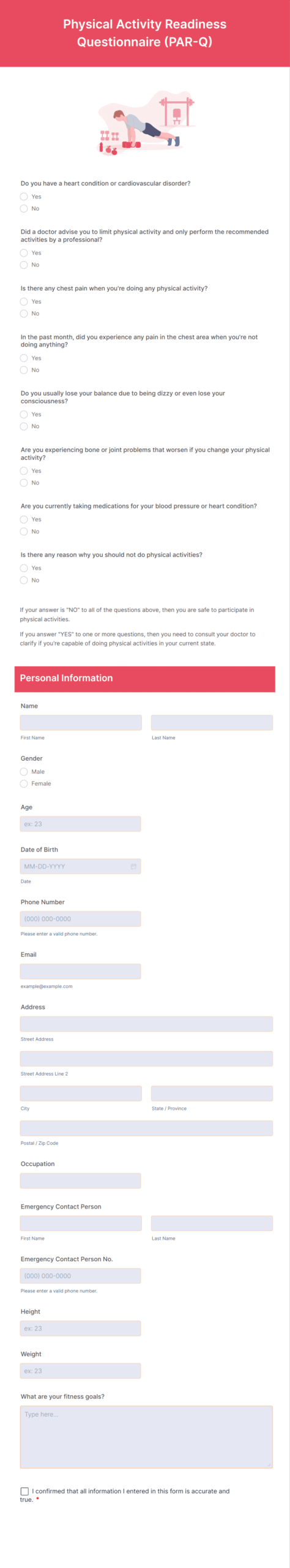 Physical Activity Readiness Questionnaire PAR Q Form Template 
