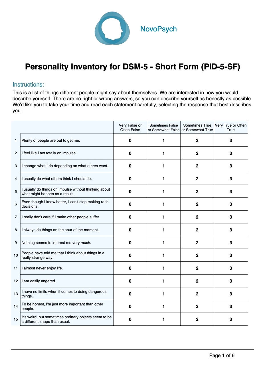 PID 5 SF Personality Inventory For DSM 5 Short Form