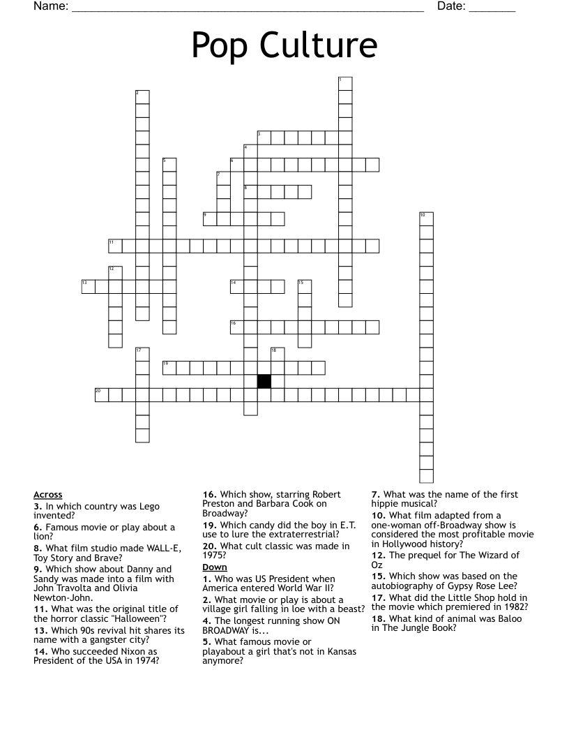 Pop Culture Crossword WordMint Worksheets Library