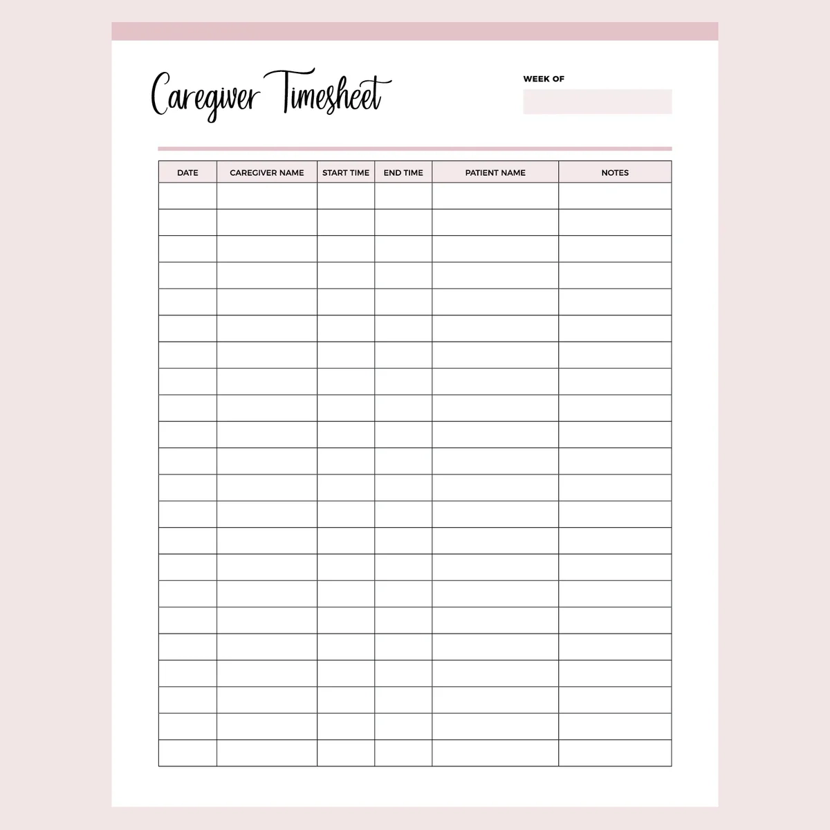 Printable Home Health Care Time Sheet Instant Download PDF A4 amp US Letter