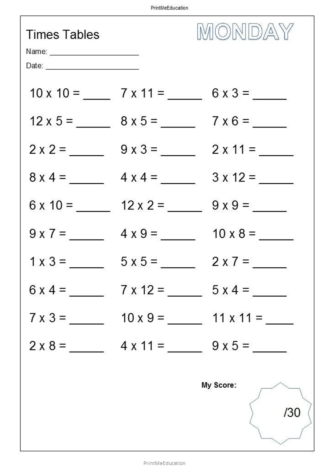 Mixed Times Tables Worksheets Free Printable