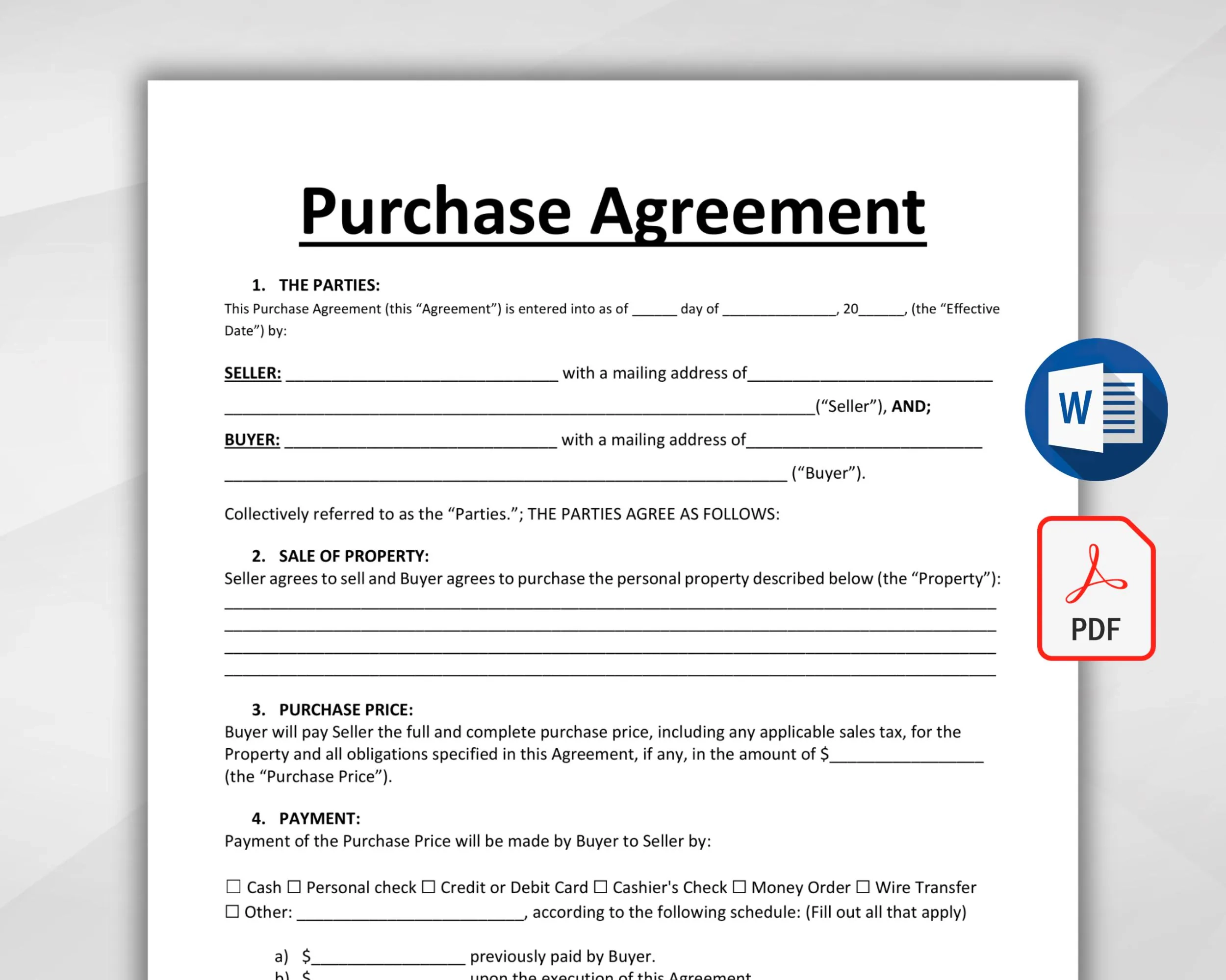 Printable Simple Purchase Agreement Template Word