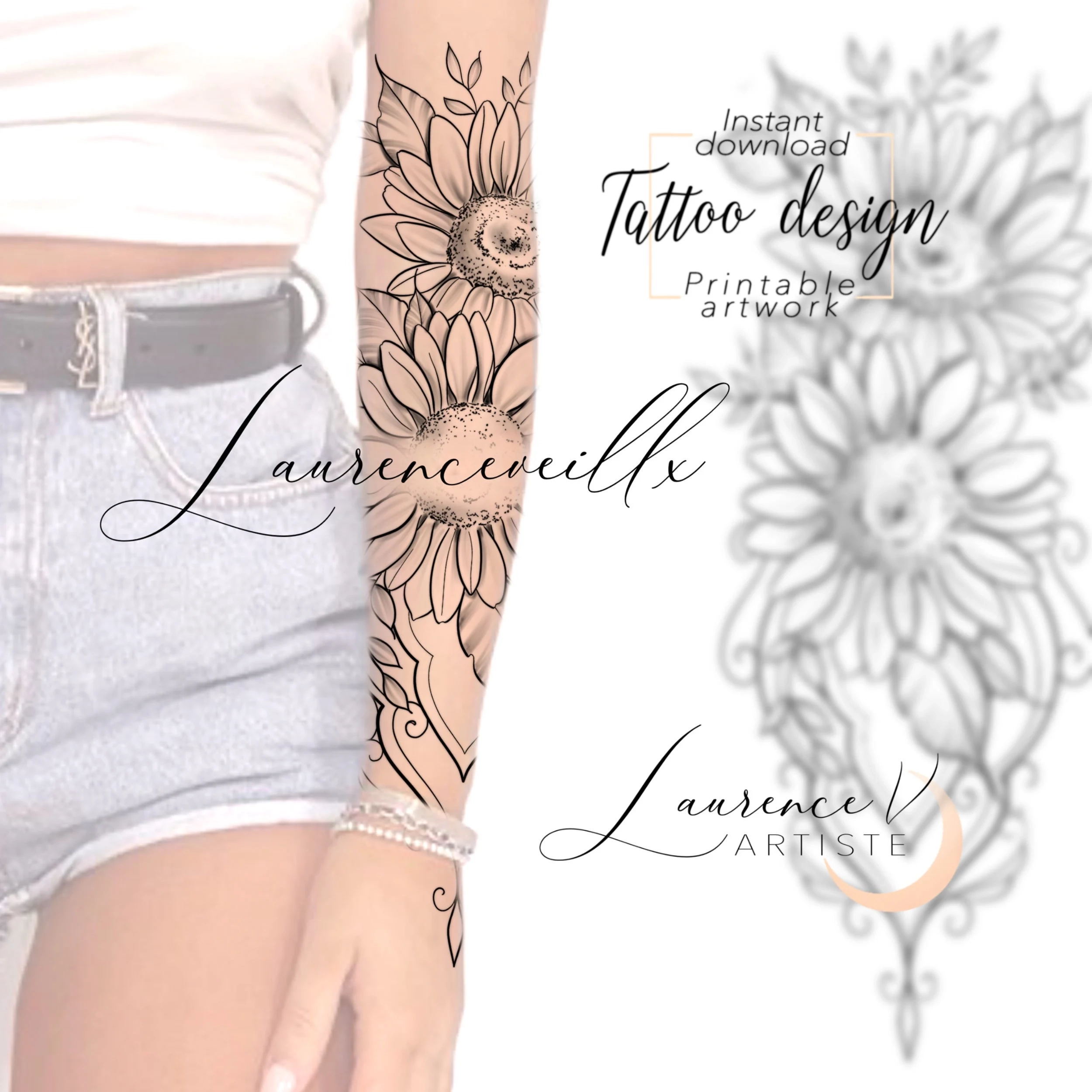 Printable Tattoo Design Sunflower Flowers Digital Tattoo 