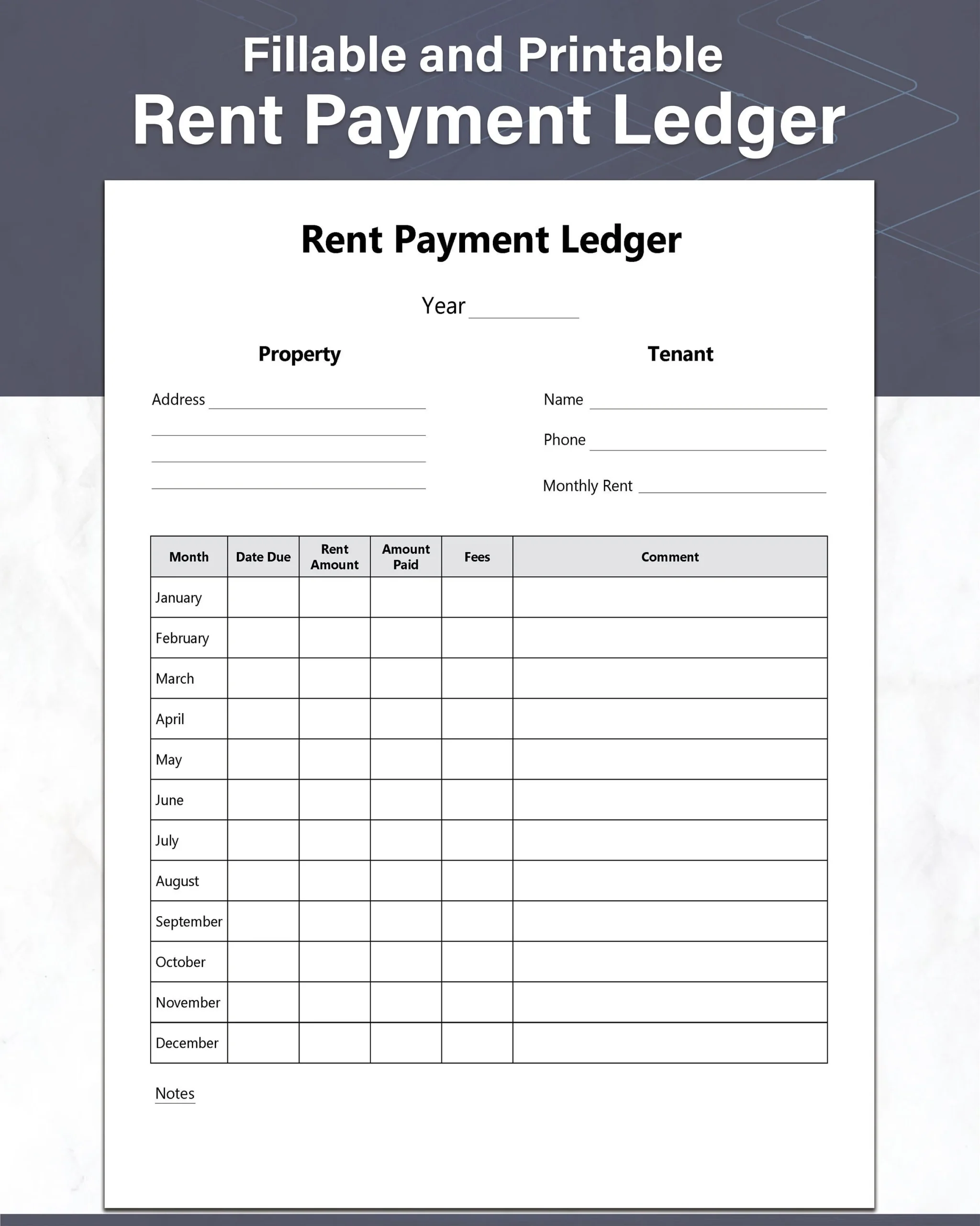 Rent Payment Ledger Tenant Payment Log Fillable And Printable 