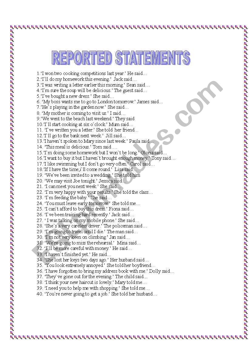 REPORTED SPEECH STATEMENTS ESL Worksheet By Teacher D