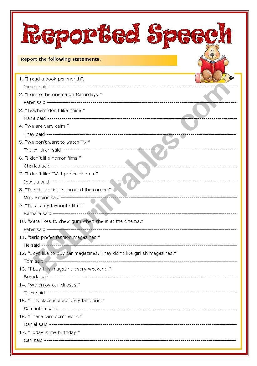 Reported Speech with Key ESL Worksheet By Zmarques