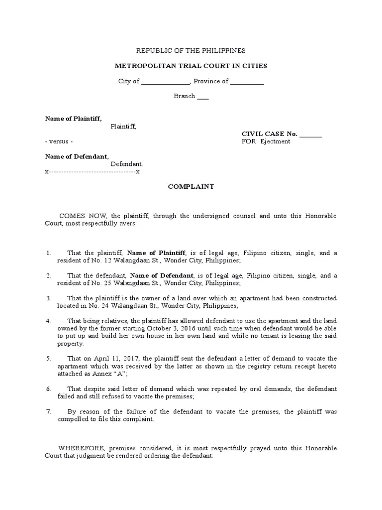 Sample Complaint Civil Case PDF Lawsuit Complaint