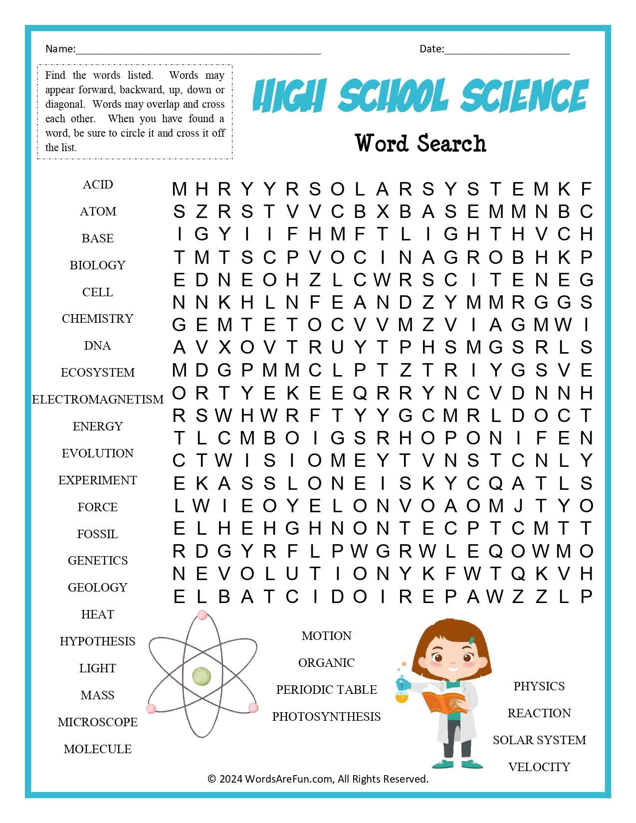 Science Word Find Puzzles Printable
