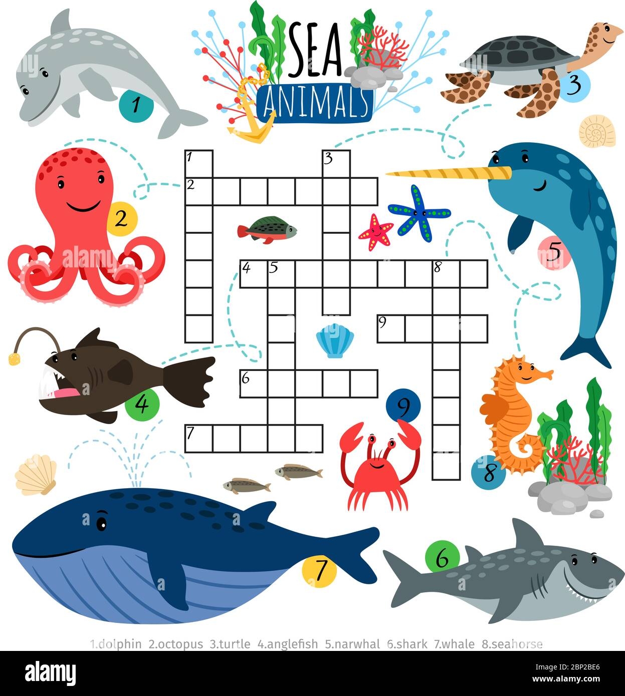 Sea Crossword Ocean Animals Crosswords Game For Kids Vector 