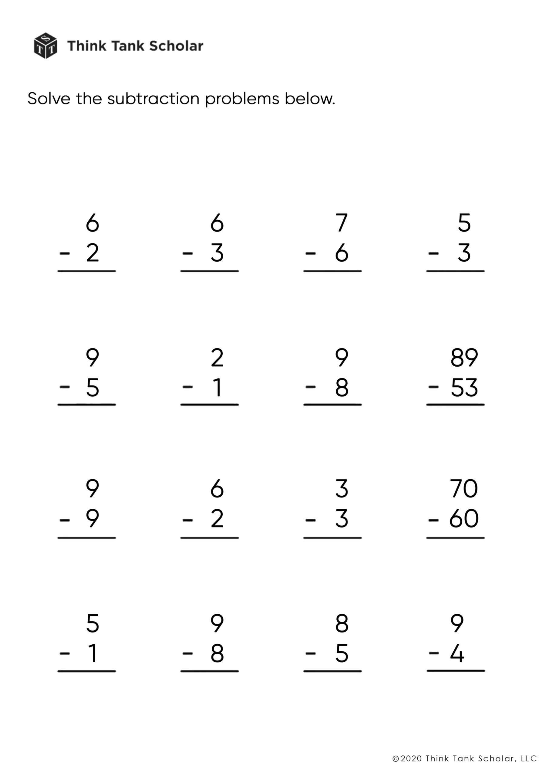 Subtraction Worksheets Exercises Printable PDF FREE Think Tank 