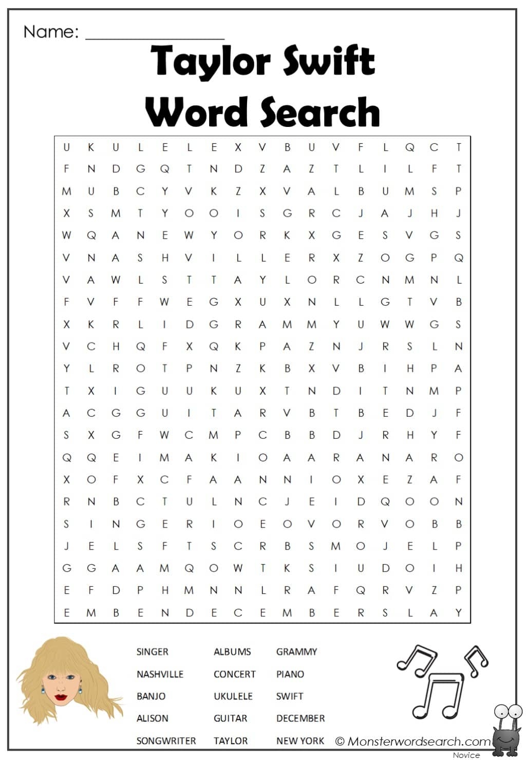 Free Printable Taylor Swift Word Search