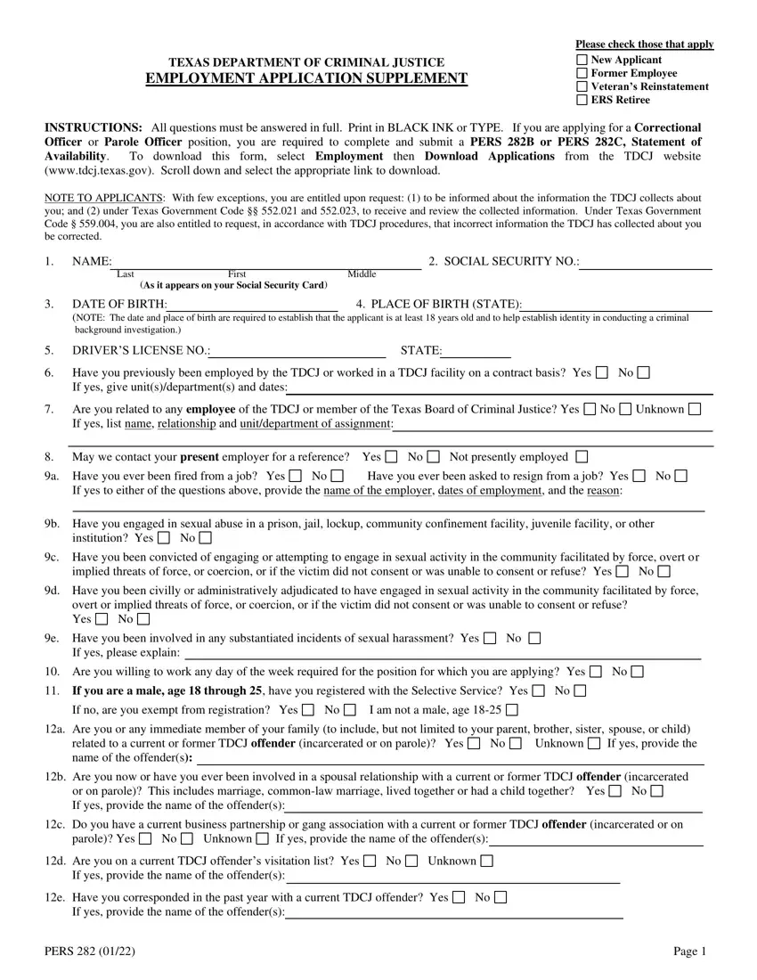Texas Form Pers 282 Fill Out Printable PDF Forms Online