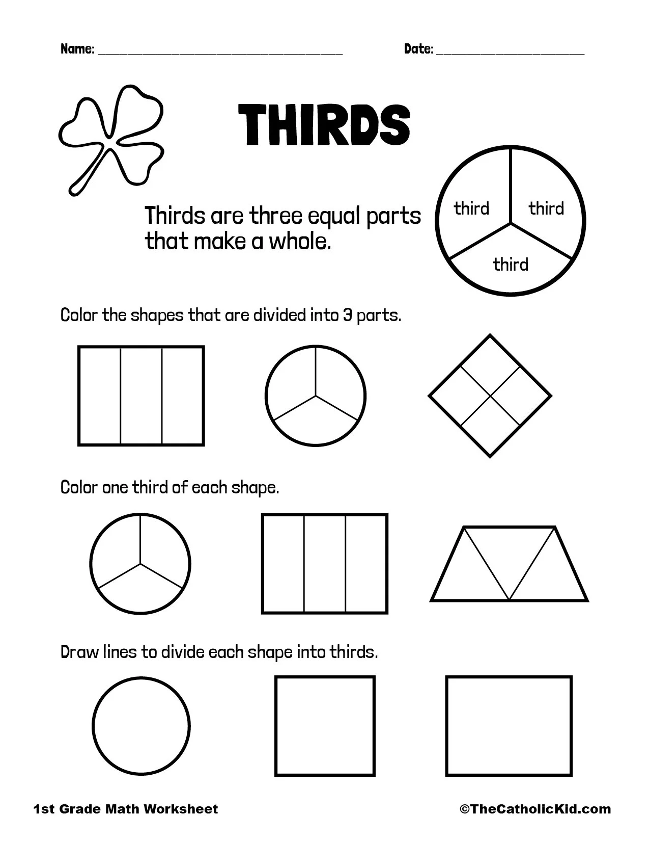 Thirds Fractions Math Worksheet TheCatholicKid