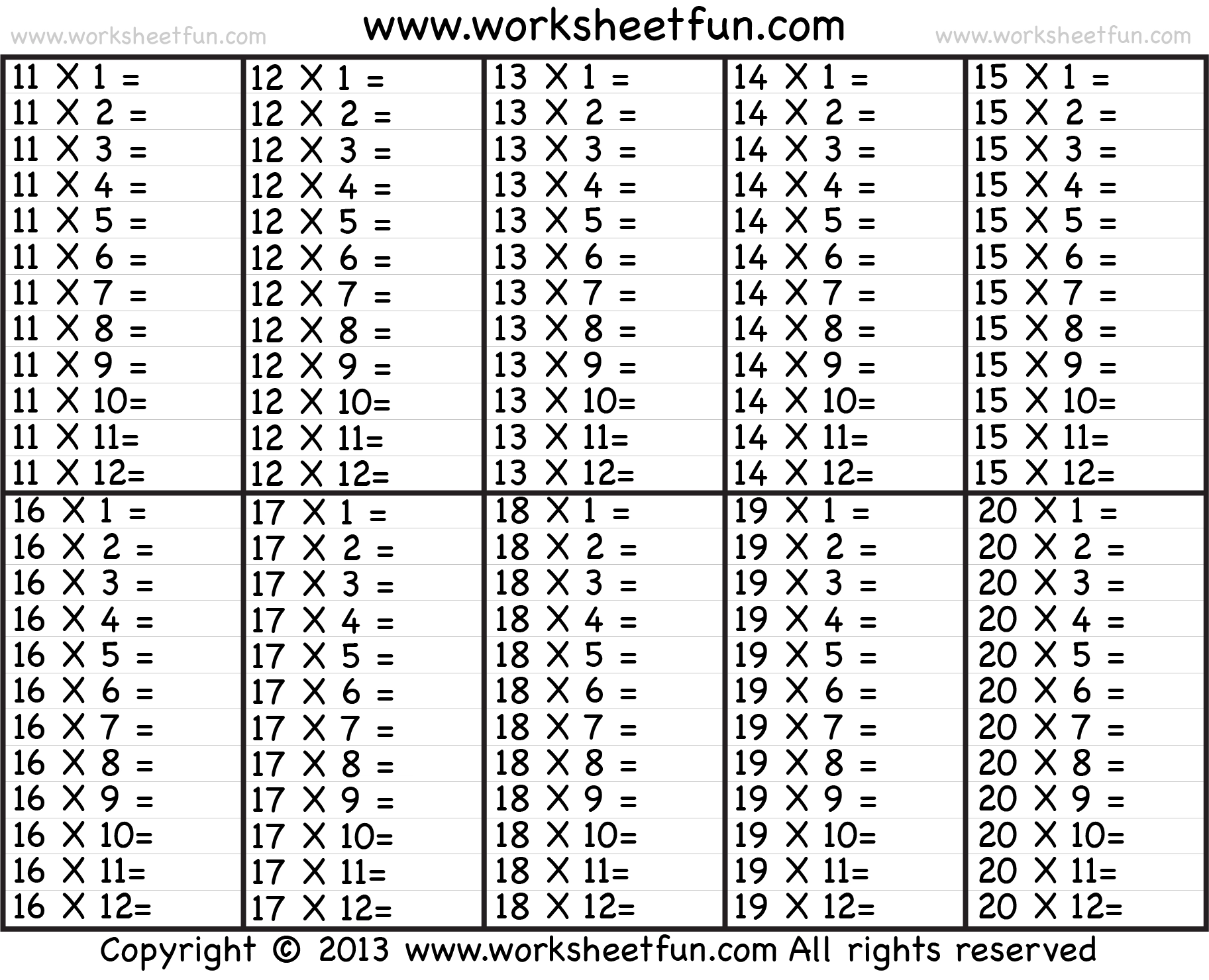 Multiplication Tables Printable Worksheets