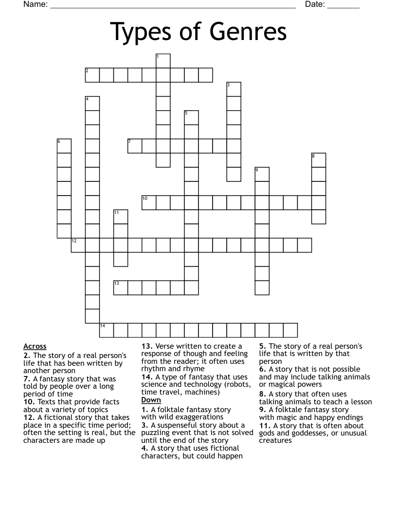 Types Of Genres Crossword WordMint