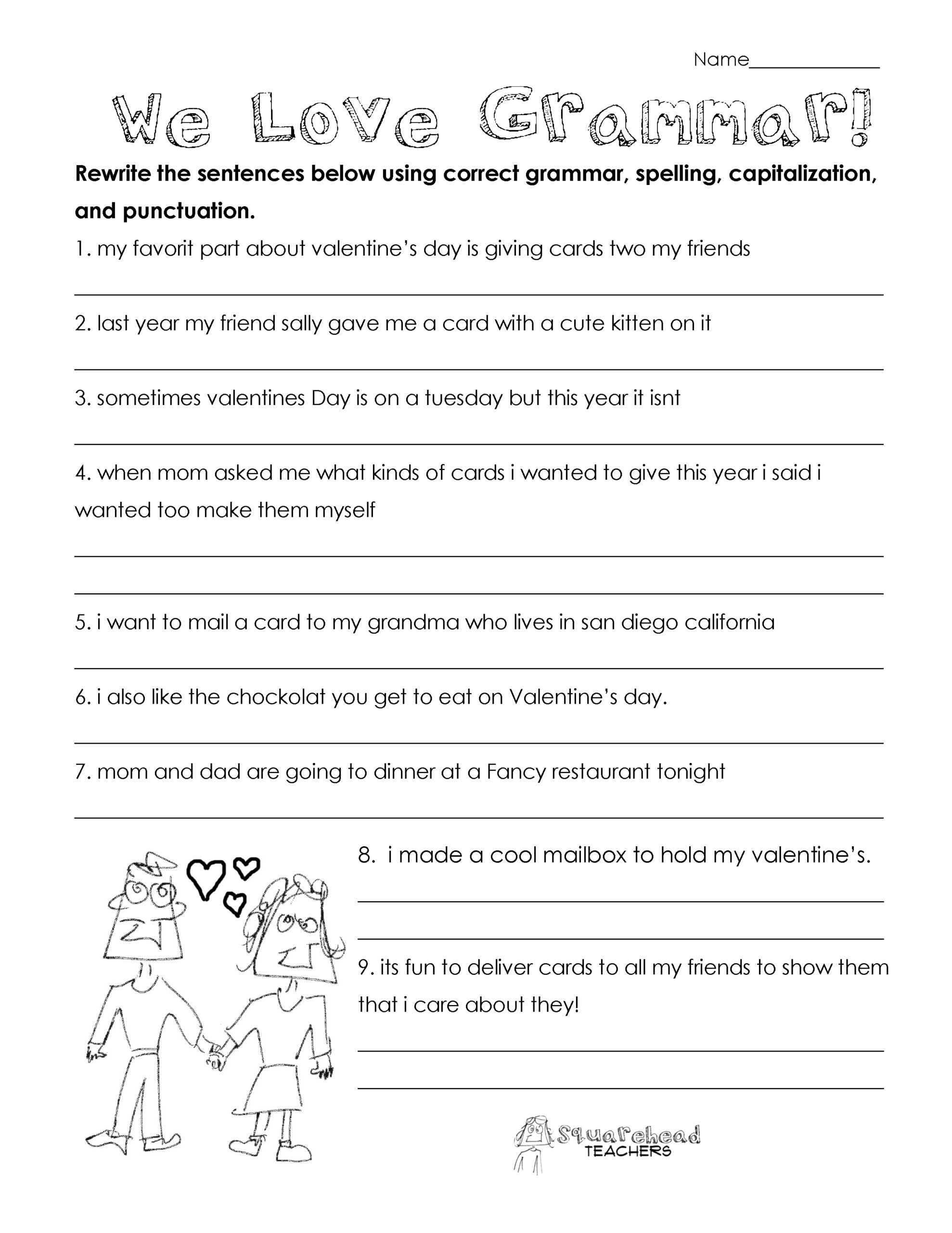 Valentines Day Grammar free Worksheet For 3rd Grade And Up 