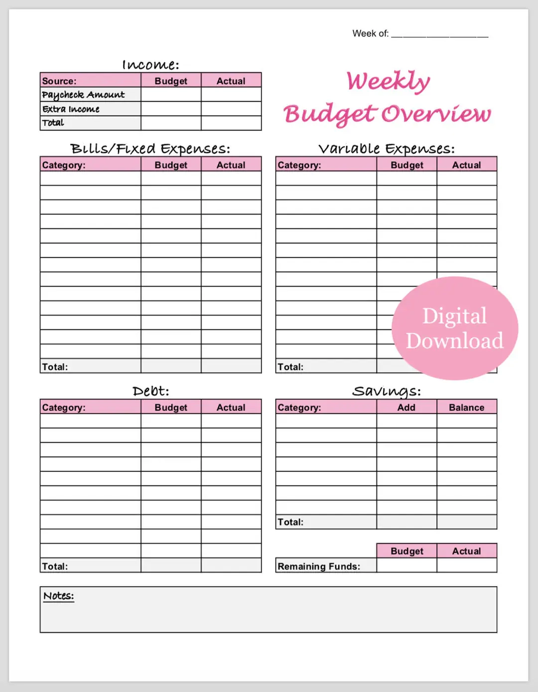 Weekly Budget Overview Template Printable pink Etsy