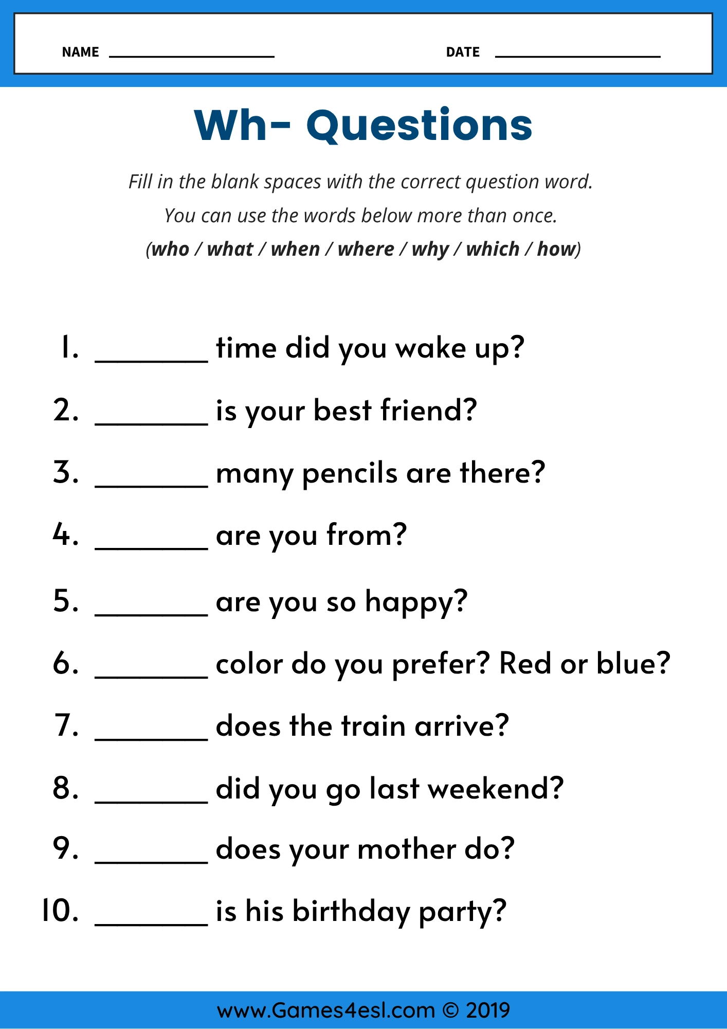 Wh-questions Worksheet