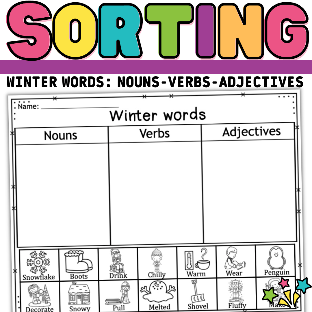 Winter Words Sort Worksheets Parts Of Speech Nouns verbs 