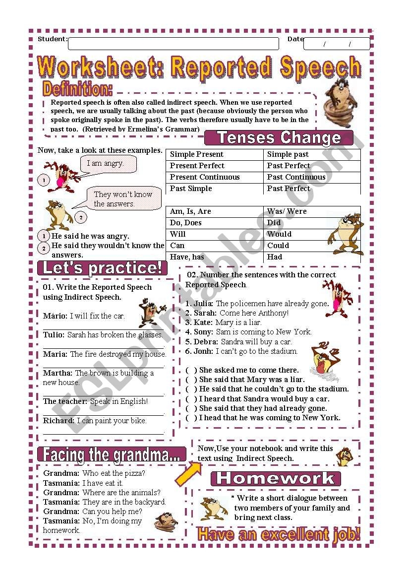 Worksheet Reported Speech ESL Worksheet By Elinha